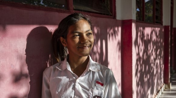 CH11084583_A portrait of Atika, 12, outside her school in drought-affected East Sumba, Indonesia.
