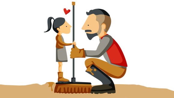 Plan de respuesta - Ilustración de un trabajador de Save the Children que ayuda a una niña afectada