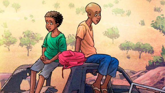 Cómic Mauritania Migración - La portada del cómic con dos de los tres protagonistas uno al lado del otro no mirandose Cómic Mauritania Migración