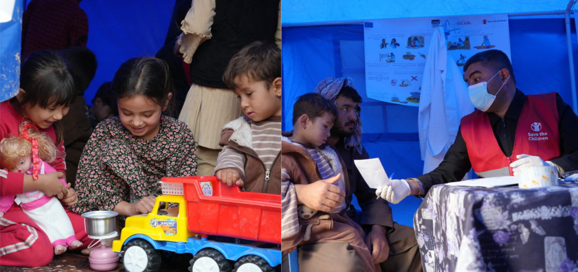Yusra, Sara y Mohamad juegan en un espacio seguro de Save the Children